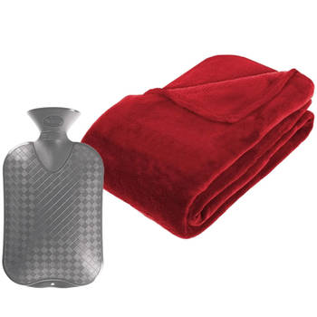 Fleece deken/plaid Rood 230 x 180 cm en een warmwater kruik 2 liter - Plaids