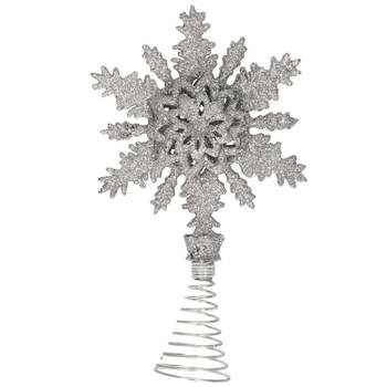 Kunststof kerstboom sneeuwvlok piek glitter zilver 20 cm - kerstboompieken
