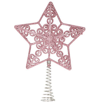 Kunststof kerstboom open ster piek glitter roze 20 cm - kerstboompieken
