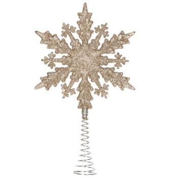 Kunststof kerstboom platte sneeuwvlok piek glitter champagne goud 20 cm - kerstboompieken