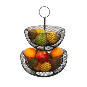 Dubbele etagere fruitschaal/fruitmand rond zwart metaal 29 x 47 cm - Fruitschalen