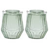 2x stuks theelichthouders/waxinelichthouders streepjes glas mistgroen met metalen handvat 11 x 13 cm - Waxinelichtjeshou