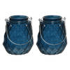 2x stuks theelichthouders/waxinelichthouders ruitjes glas donkerblauw met metalen handvat 11 x 13 cm - Waxinelichtjeshou