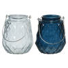 Set van 2x stuks theelichthouders/waxinelichthouders ruitjes glas ijsblauw en donkerblauw 11 x 13 cm - Waxinelichtjeshou