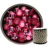 Kunststof kerstballen 37x stuks fuchsia roze 6 cm en kralenslinger zilver - Kerstbal