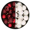 28x stuks kleine kunststof kerstballen parelmoer donkerrood en wit 3 cm - Kerstbal
