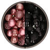 74x stuks kunststof kerstballen mix van velvet roze en zwart 6 cm - Kerstbal