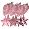 Dennenappels en sterren kerstornamenten - 12 stuks - kunststof - roze - Kersthangers