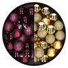 40x stuks kleine kunststof kerstballen aubergine paars en goud 3 cm - Kerstbal
