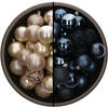 74x stuks kunststof kerstballen mix van champagne en donkerblauw 6 cm - Kerstbal