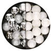28x stuks kleine kunststof kerstballen wit en zilver 3 cm - Kerstbal