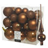 Set van 26x stuks kunststof kerstballen incl. glazen piek glans kaneel bruin - Kerstbal