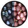 28x stuks kleine kunststof kerstballen velvet roze en nachtblauw 3 cm - Kerstbal