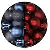 24x stuks kunststof kerstballen mix van donkerblauw en donkerrood 6 cm - Kerstbal