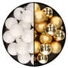 32x stuks kunststof kerstballen mix van wit en goud 4 cm - Kerstbal