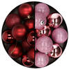 24x stuks kunststof kerstballen mix van donkerrood en roze 6 cm - Kerstbal