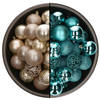 74x stuks kunststof kerstballen mix van champagne en turquoise blauw 6 cm - Kerstbal