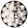 32x stuks kunststof kerstballen mix van wit en zilver 4 cm - Kerstbal
