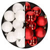 24x stuks kunststof kerstballen mix van wit en rood 6 cm - Kerstbal