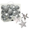Pakket 32x stuks kunststof kerstballen en sterren ornamenten zilver - Kerstbal