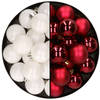 32x stuks kunststof kerstballen mix van wit en donkerrood 4 cm - Kerstbal