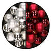 32x stuks kunststof kerstballen mix van zilver en donkerrood 4 cm - Kerstbal