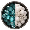 74x stuks kunststof kerstballen mix van wit en turquoise blauw 6 cm - Kerstbal