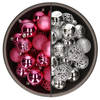 74x stuks kunststof kerstballen mix van fuchsia roze en zilver 6 cm - Kerstbal