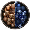 74x stuks kunststof kerstballen mix van camel bruin en kobalt blauw 6 cm - Kerstbal