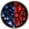 74x stuks kunststof kerstballen mix van rood en kobalt blauw 6 cm - Kerstbal