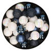 28x stuks kunststof kerstballen parelmoer wit en donkerblauw mix 3 cm - Kerstbal