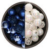 74x stuks kunststof kerstballen mix van parelmoer wit en kobalt blauw 6 cm - Kerstbal