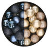 28x stuks kleine kunststof kerstballen donkerblauw en champagne 3 cm - Kerstbal