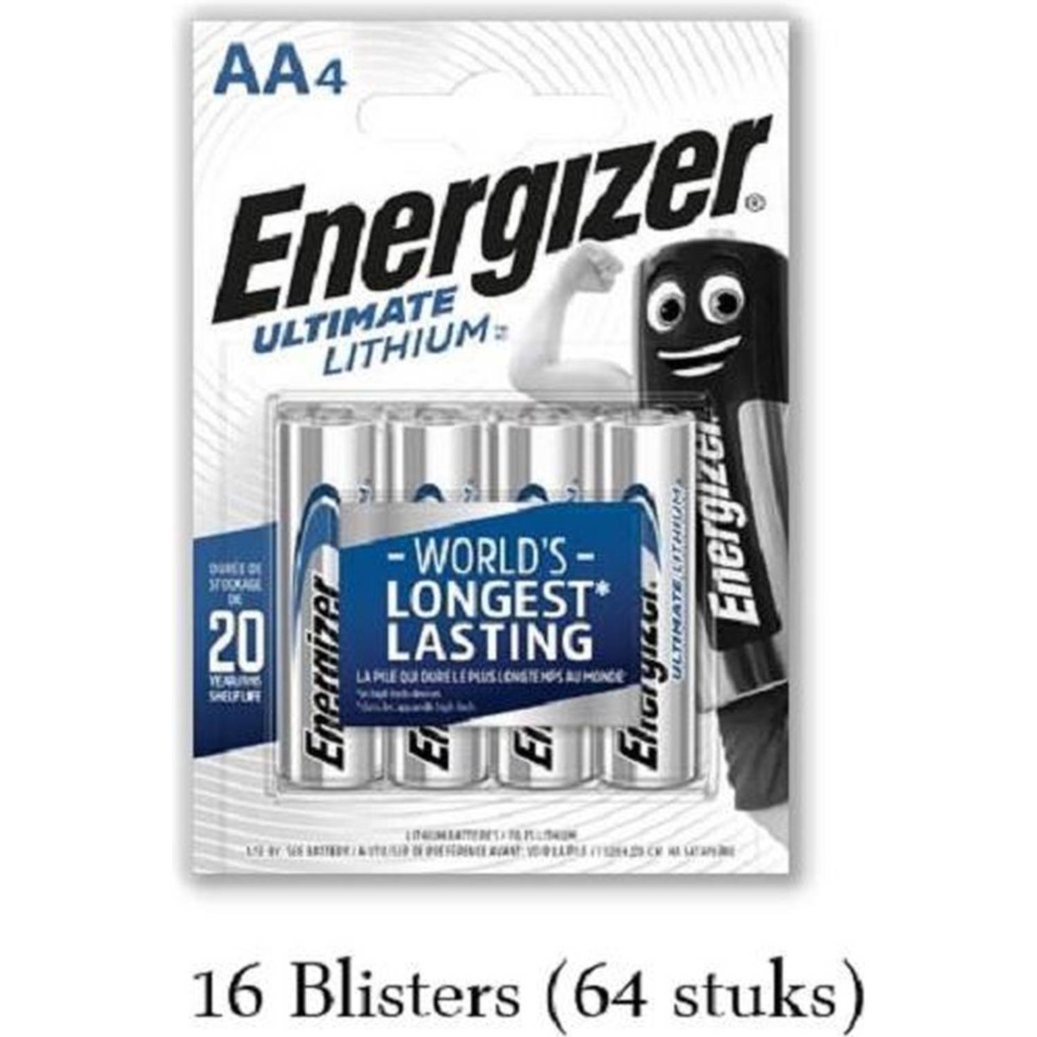 64 stuks (16 blisters a 4 stuks) Energizer Lithium AA/L91 1.5V 4pack