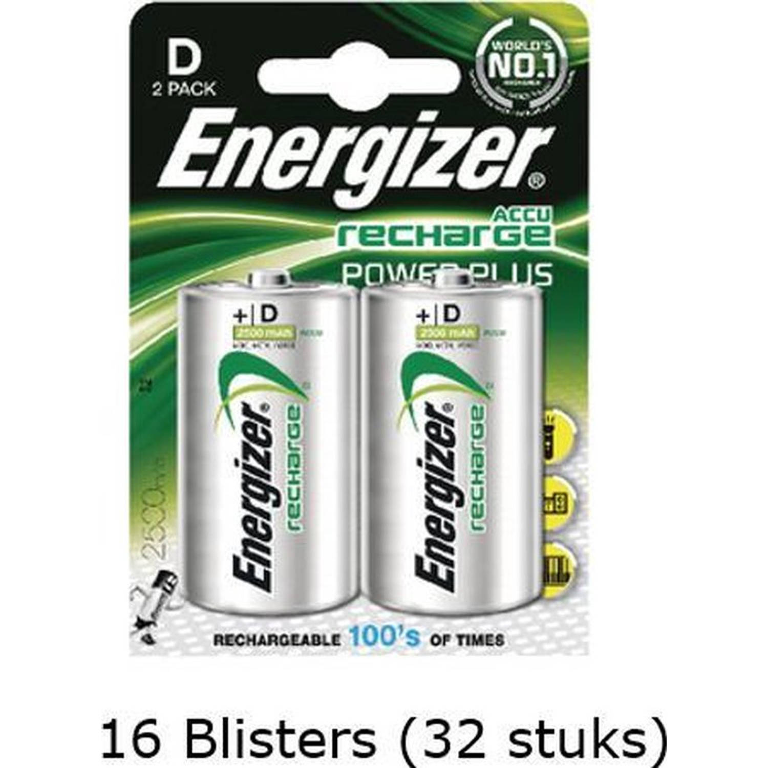 32 stuks (16 blisters a 2 stuks) Energizer D Power Plus Batterij oplaadbaar 1.2V 2500mAh rechargeable