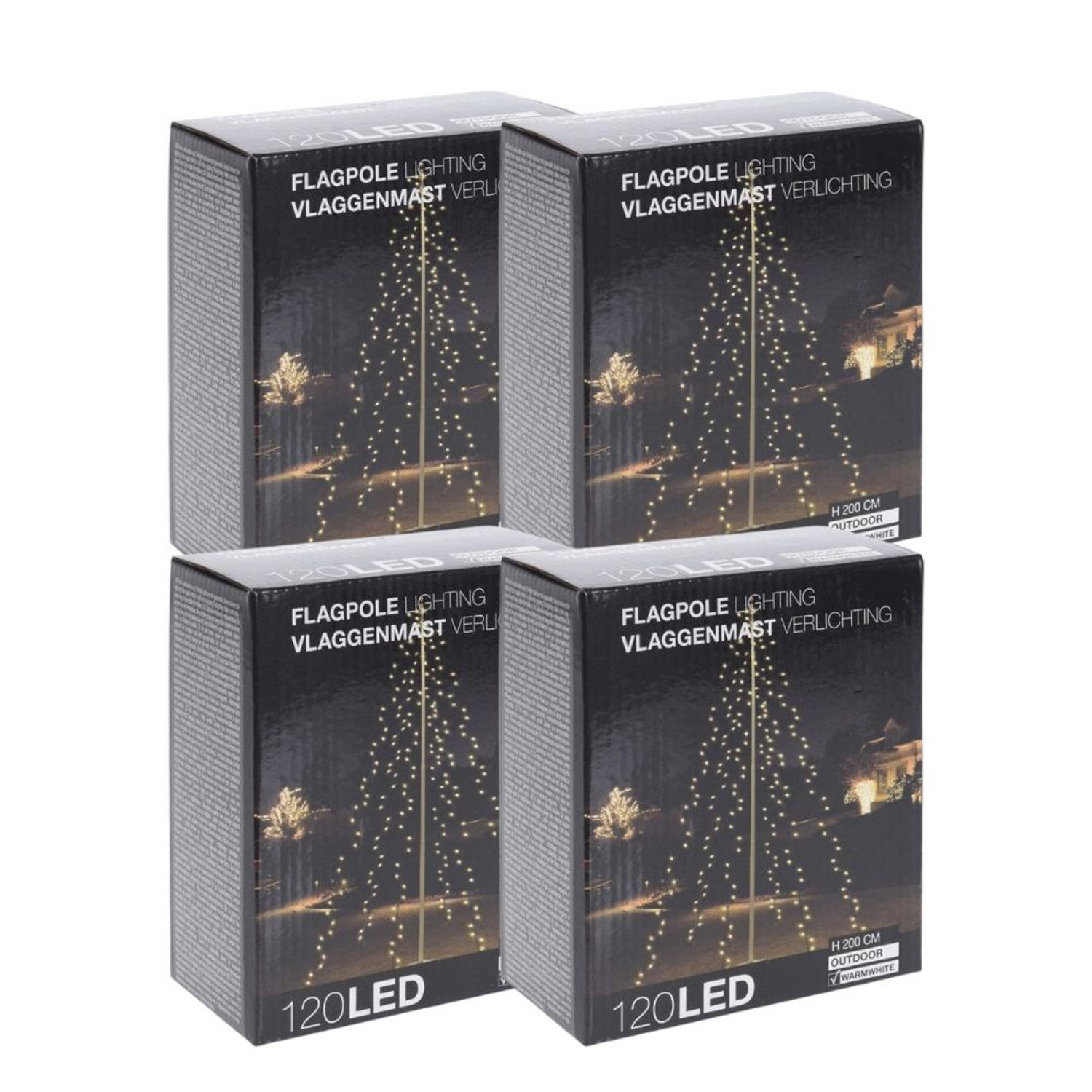 Kerstverlichting - Vlaggenmast - 4 stuks - 120 LED&apos;s - Hoogte: 200 cm - Warm wit