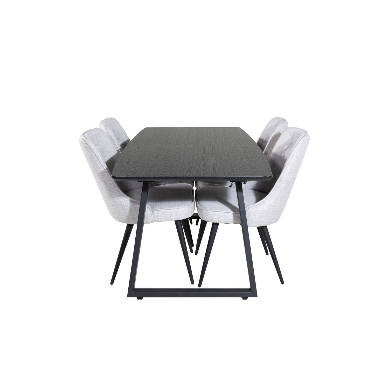 IncaBLBL eethoek eetkamertafel uitschuifbare tafel lengte cm 160 / 200 zwart en 4 Velvet Deluxe eetkamerstal lichtgrijs, zwart.
