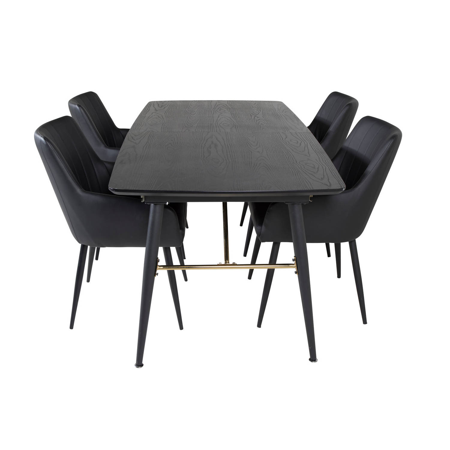 Gold eethoek eetkamertafel uitschuifbare tafel lengte cm 180 / 220 zwart en 4 Comfort eetkamerstal PU kunstleer zwart.