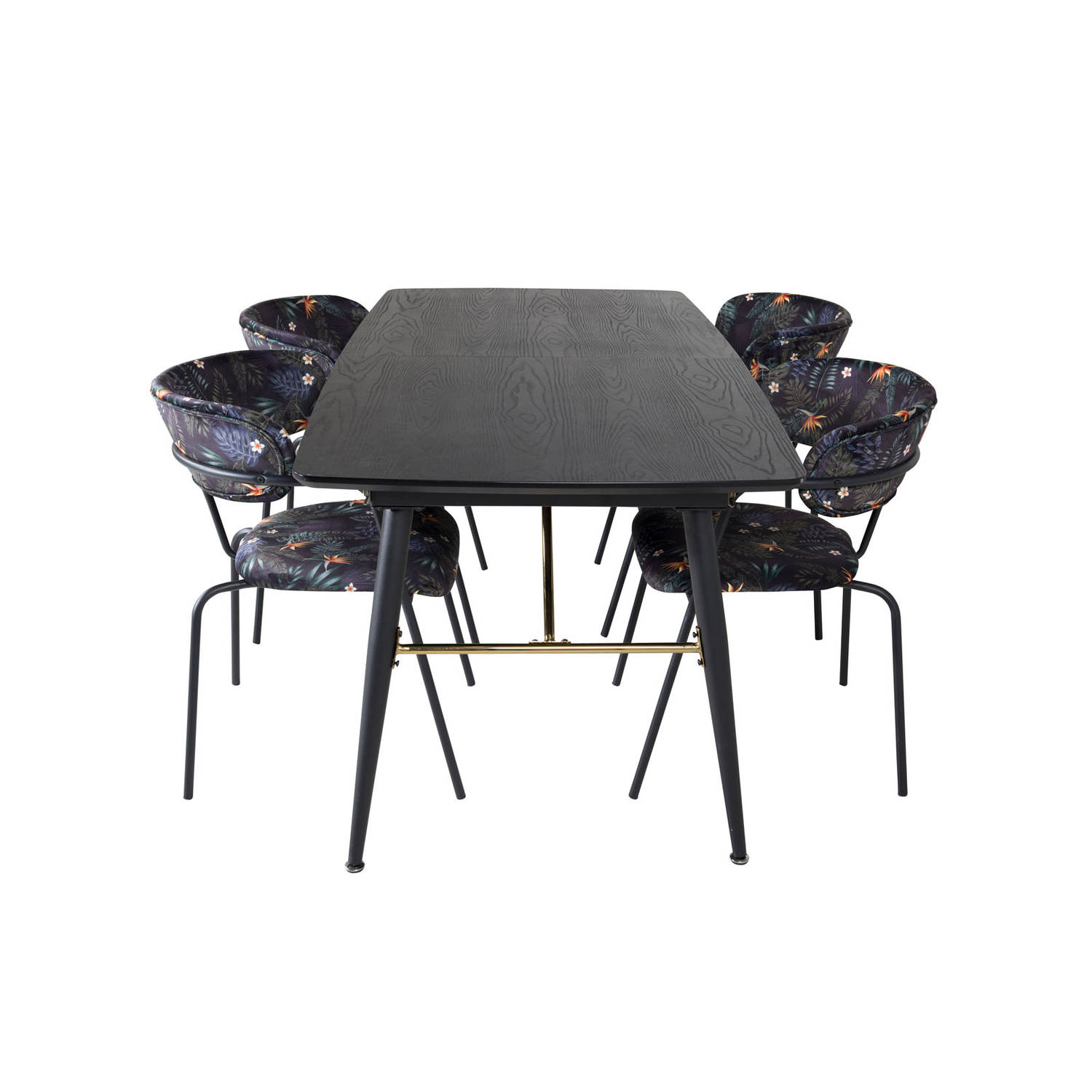 Gold eethoek eetkamertafel uitschuifbare tafel lengte cm 180 / 220 zwart en 4 Arrow eetkamerstal zwart.