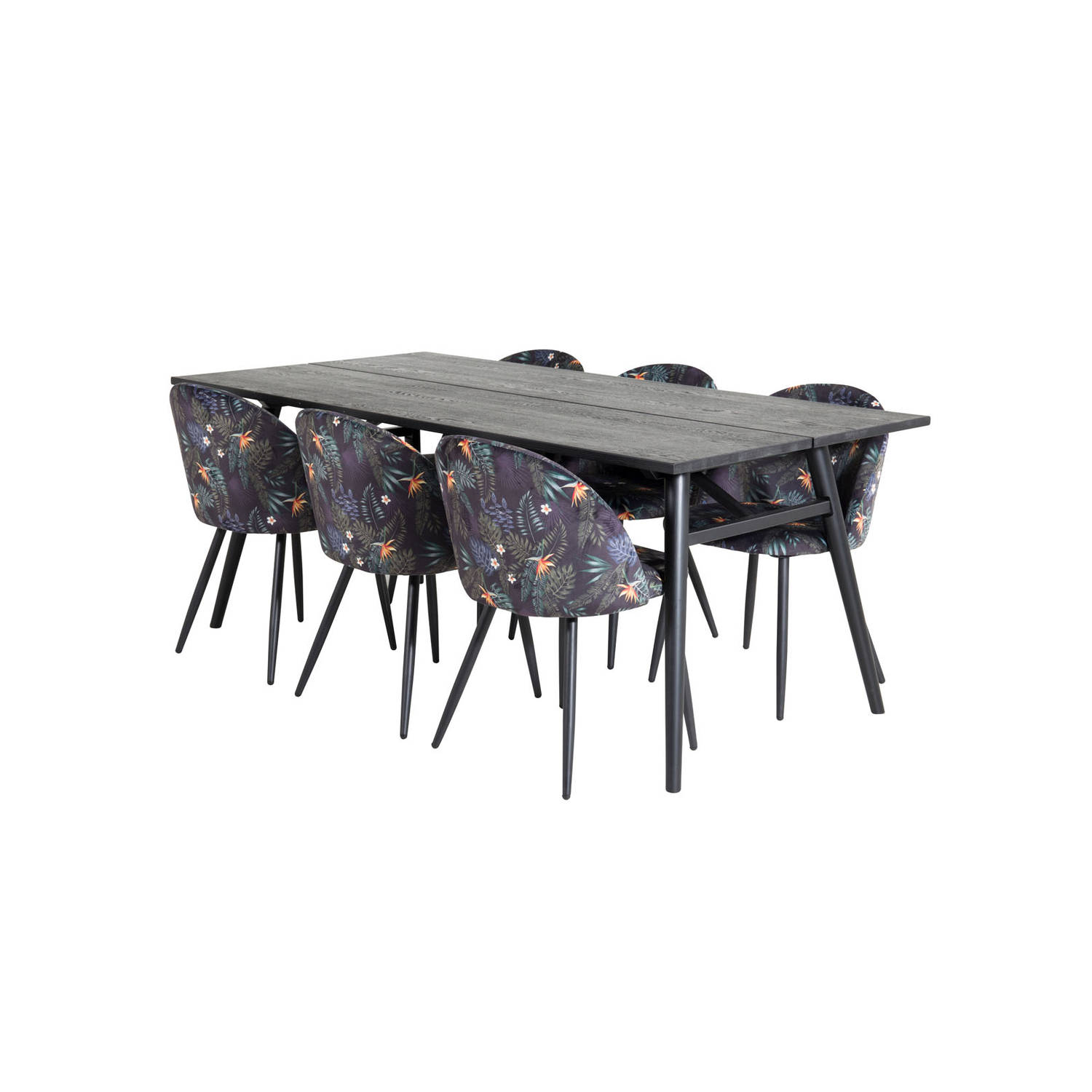 Sleek eethoek eetkamertafel uitschuifbare tafel lengte cm 195 / 280 zwart en 6 Velvet eetkamerstal velours gebloeid.