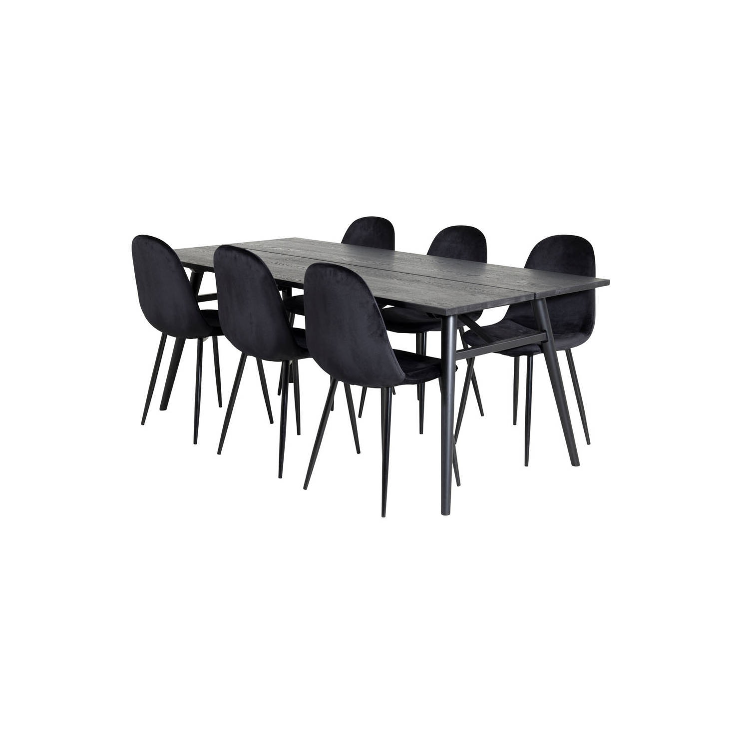 Sleek eethoek eetkamertafel uitschuifbare tafel lengte cm 195 / 280 zwart en 6 Polar eetkamerstal velours zwart.