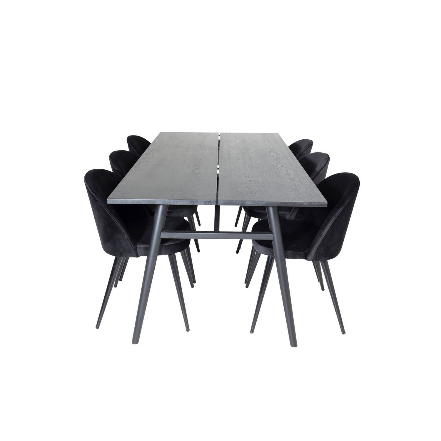 Sleek eethoek eetkamertafel uitschuifbare tafel lengte cm 195 / 280 zwart en 6 Velvet eetkamerstal velours zwart.