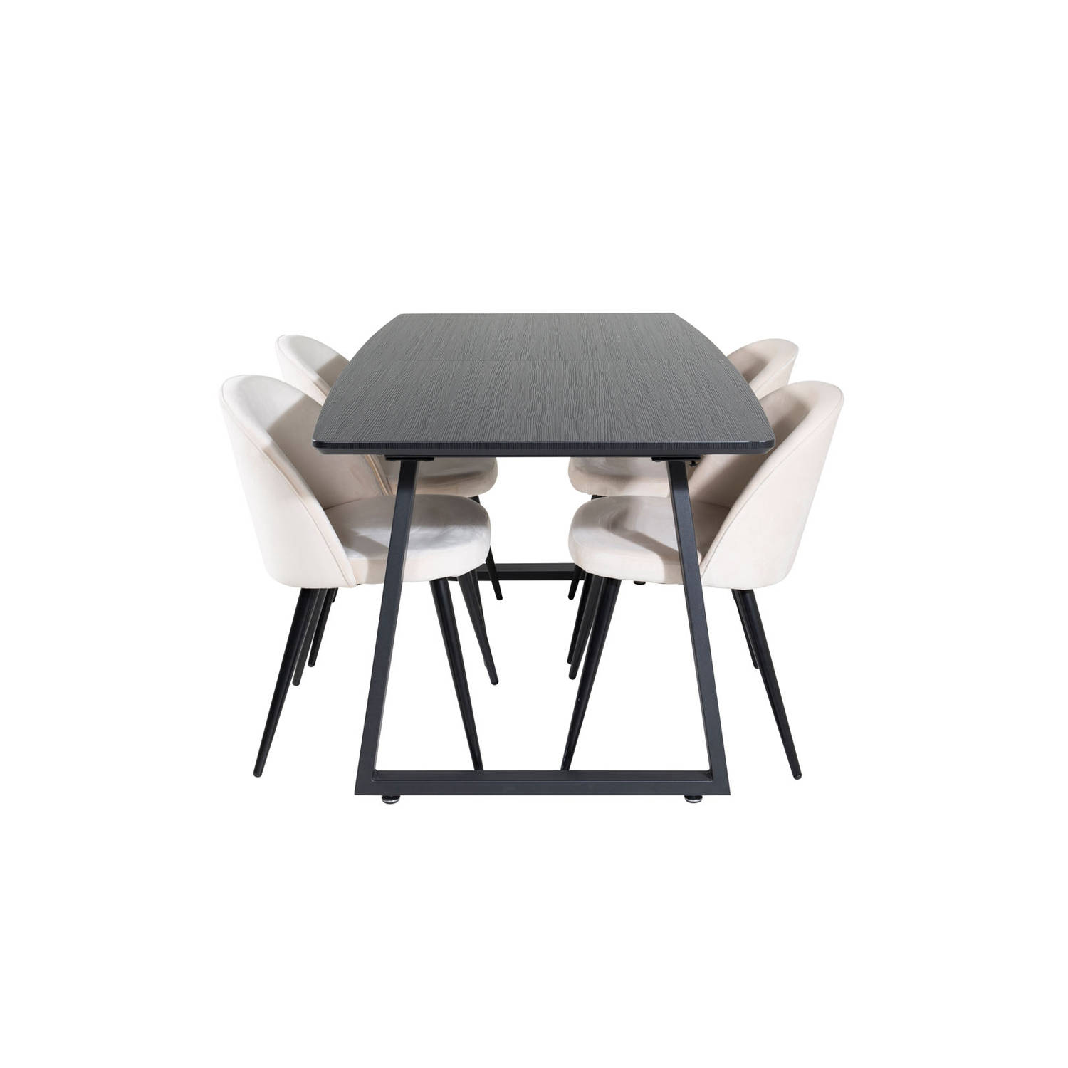 IncaBLBL eethoek eetkamertafel uitschuifbare tafel lengte cm 160 / 200 zwart en 4 Velvet eetkamerstal velours beige, zwart.