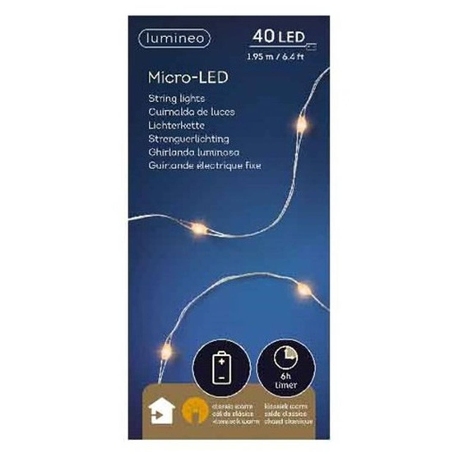 Lumineo Draadverlichting - 40 LEDs - warm wit - timer - 195 cm - op batterijen - zilverdraad - Lichtsnoeren