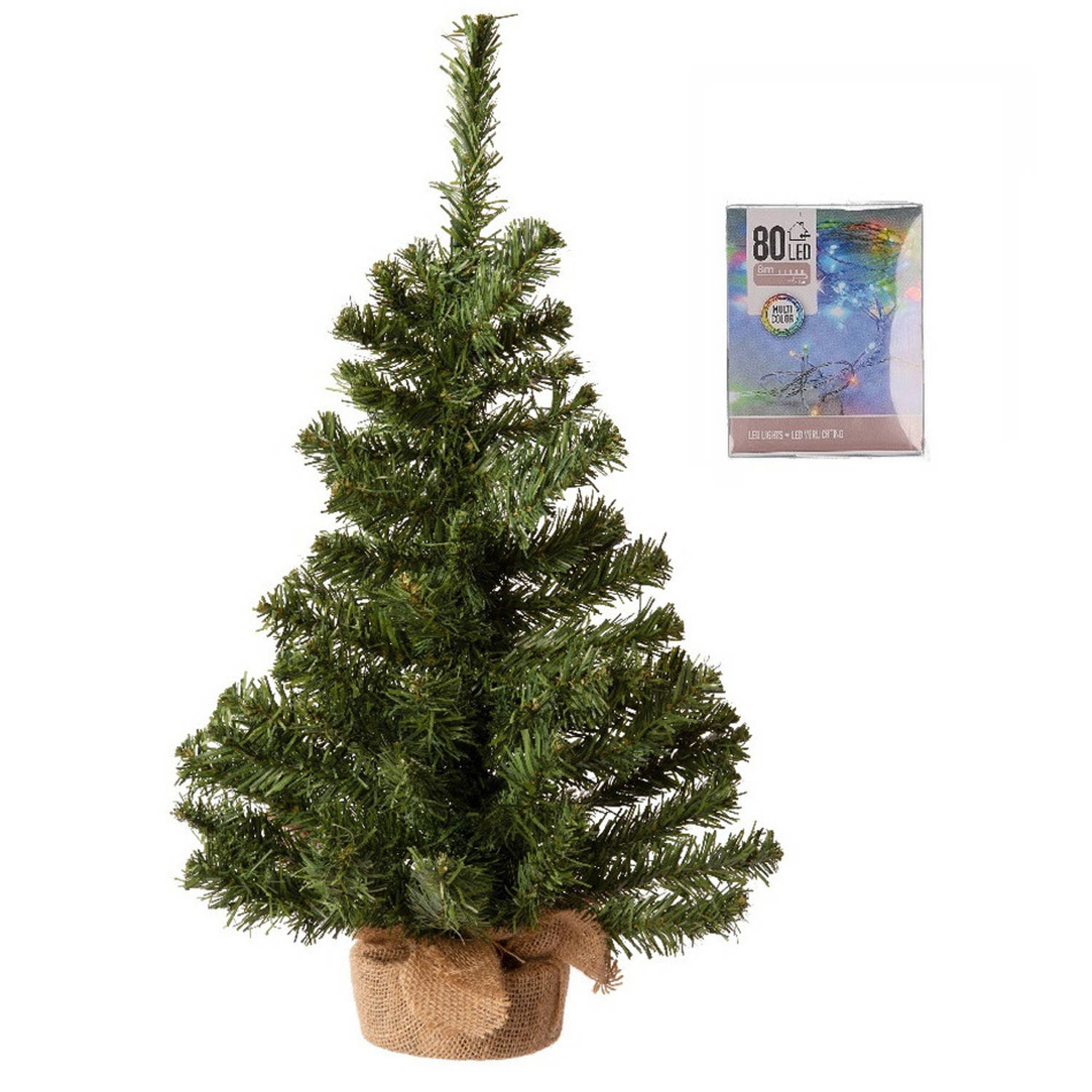 Volle Kerstboom In Jute Zak 60 Cm Inclusief Gekleurde Kerstverlichting Kunstkerstboom
