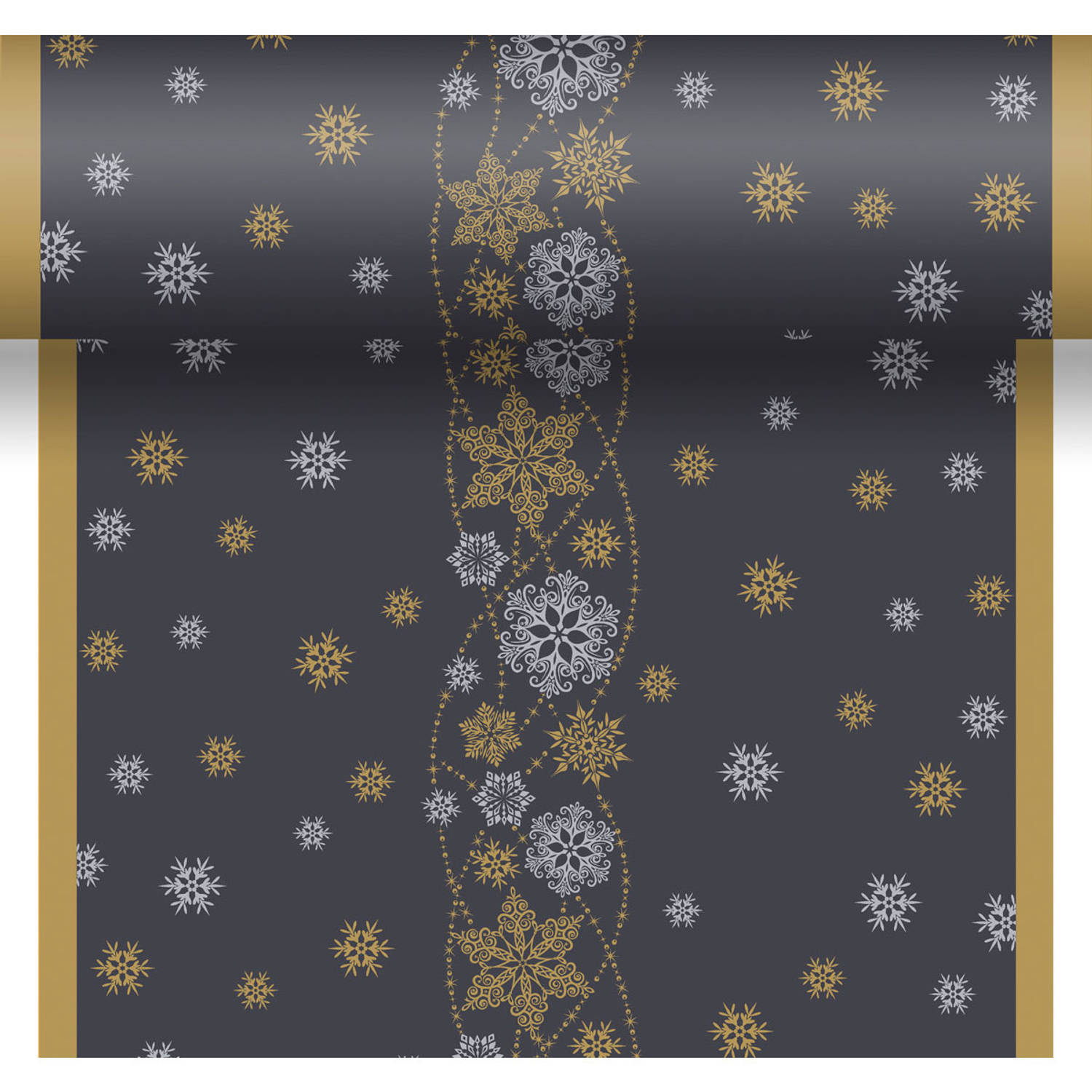 Kerst thema tafellopers/placemats zwart met glitter sneeuwvlokken 40 x 480 cm - Kerstdiner tafeldecoratie versieringen