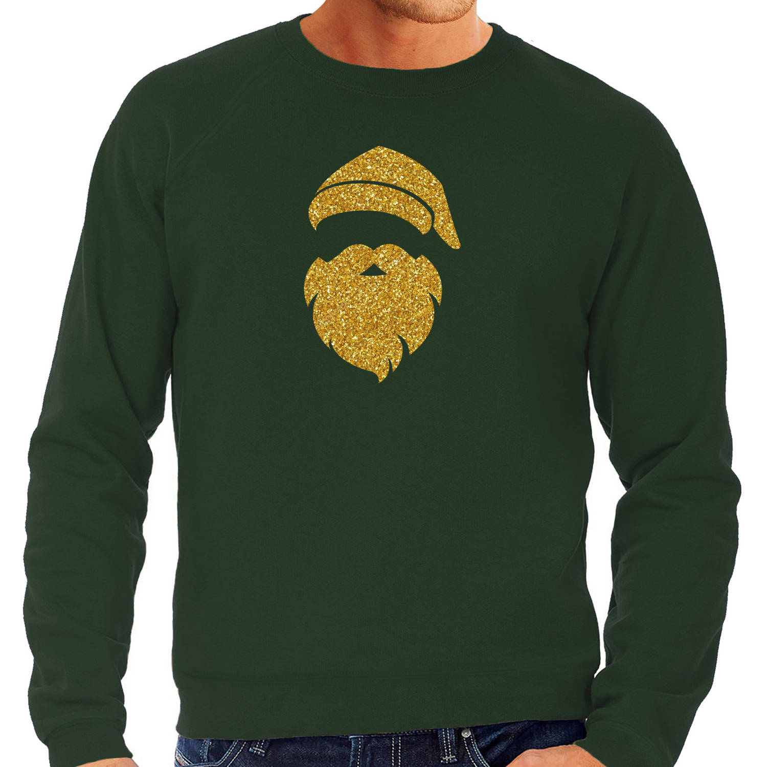 Kerstman hoofd Kerst sweater / trui groen voor heren met gouden glitter bedrukking L - kerst truien