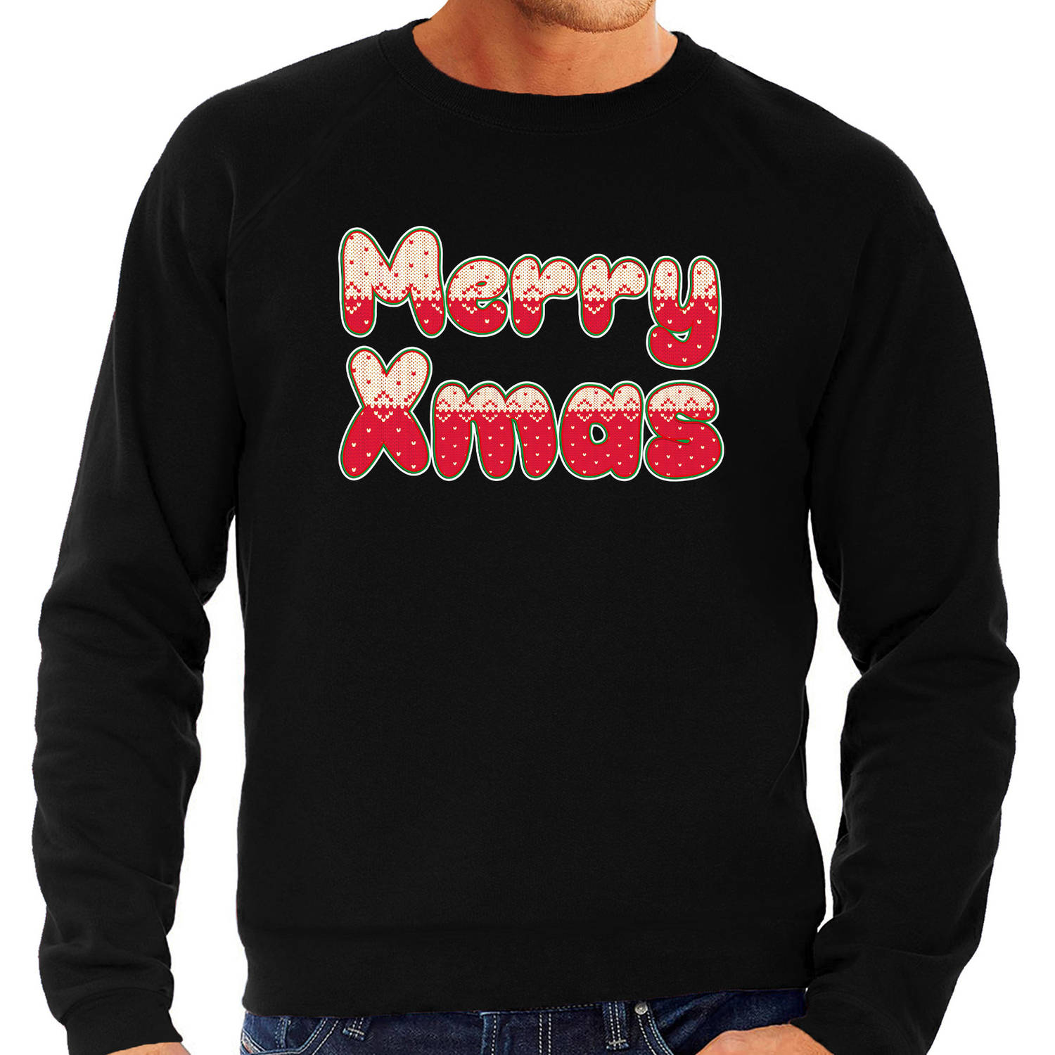 Merry xmas foute Kerst sweater / trui zwart voor heren XL - kerst truien