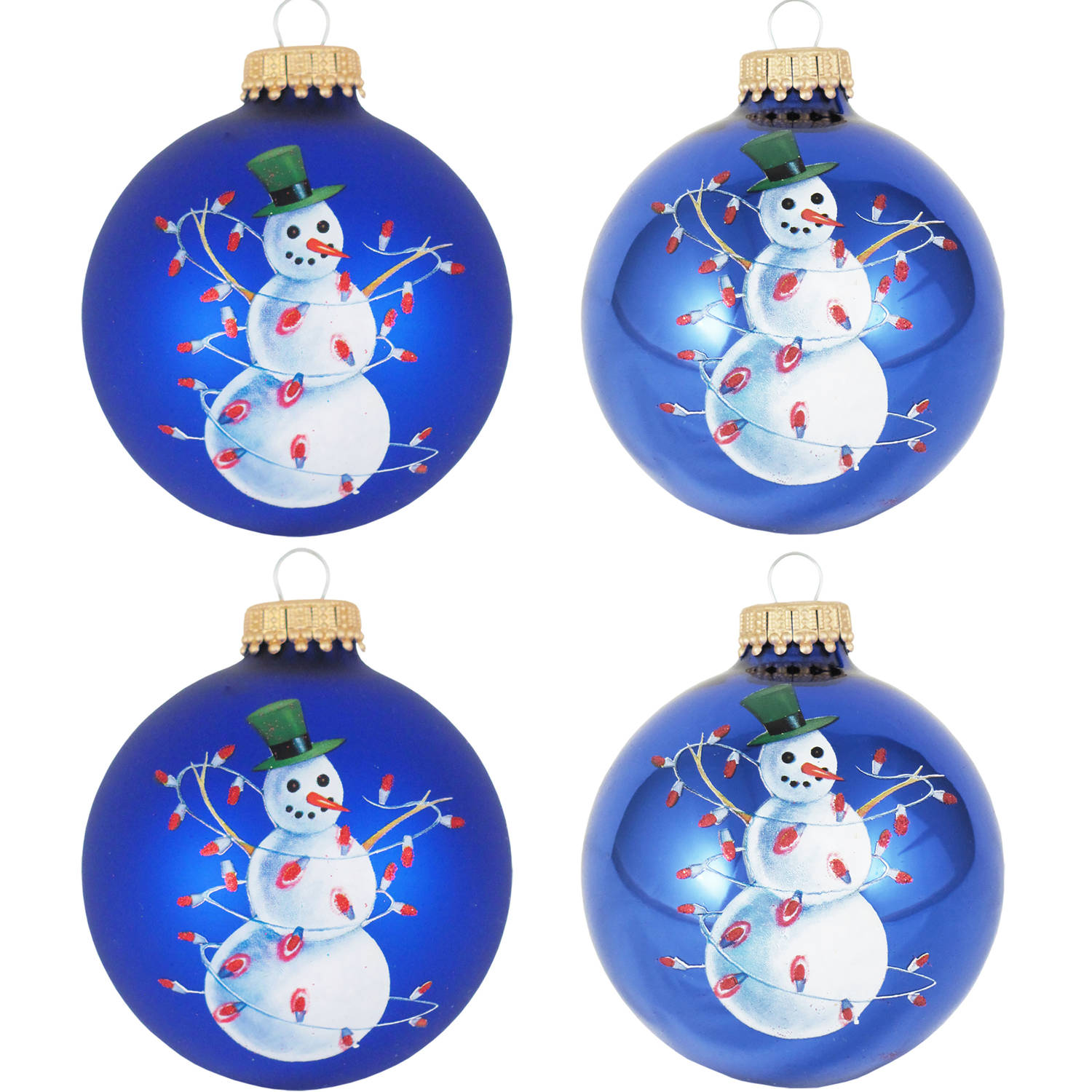 4x Stuks Luxe Glazen Kerstballen 7 Cm Blauw Met Sneeuwpop Kerstbal