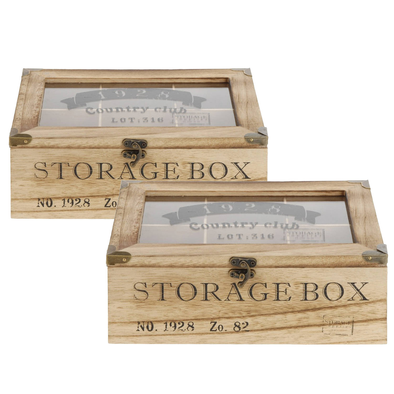 2x Stuks Houten Theedoos Bruin Storage Box 9-vaks 25 X 25 X 9 Cm Theedozen